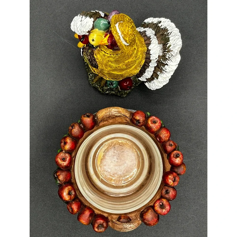 Homespun Country Thanksgiving Turkey Figurine Apple Basket Votive Holder Set